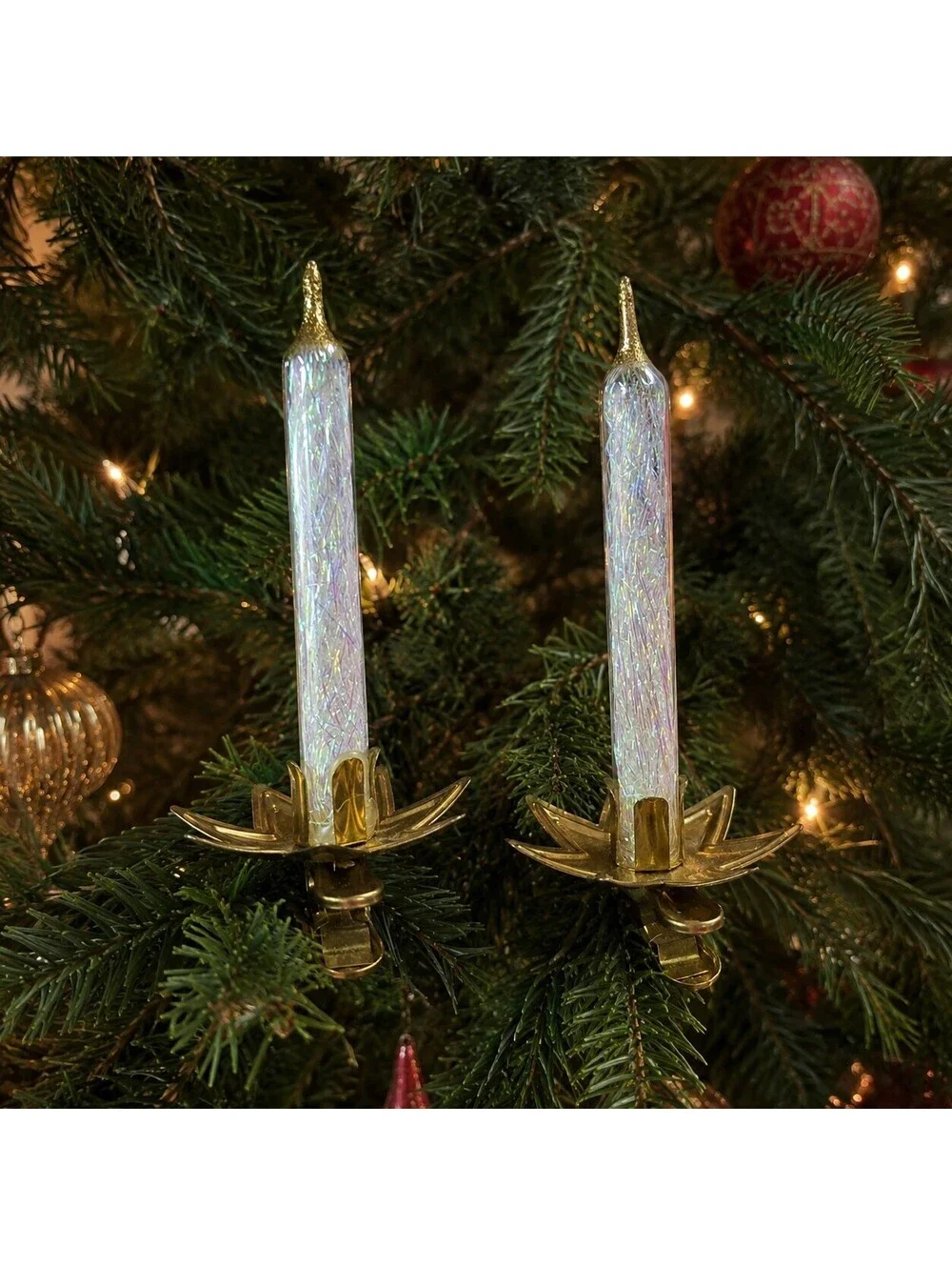 Pair Vintage Italy Glass Tinsel Clip-On Candle Christmas Ornaments 4.5 Inch